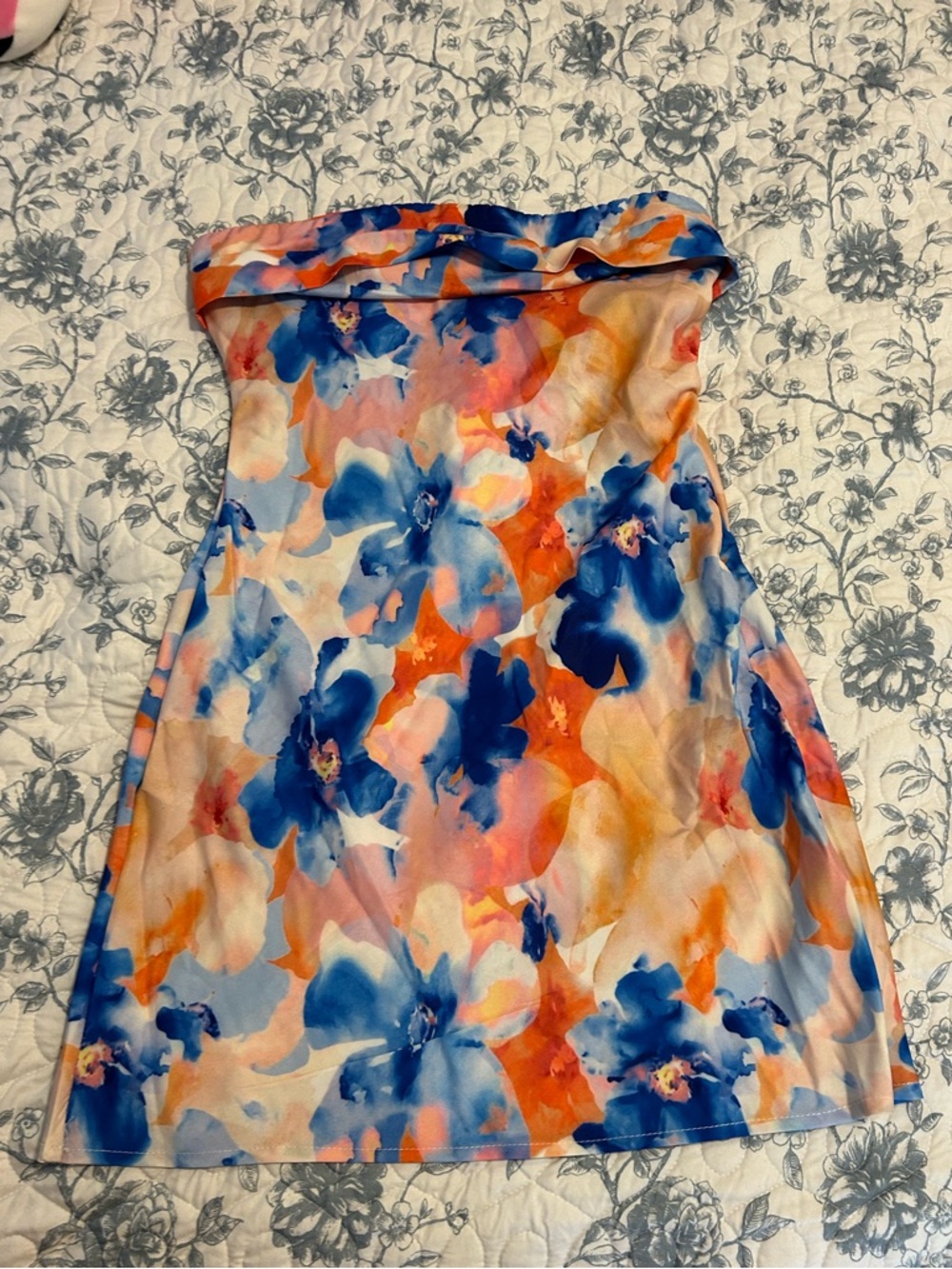 Shein Strapless Floral Watercolor Print Dress in Blue & Orange